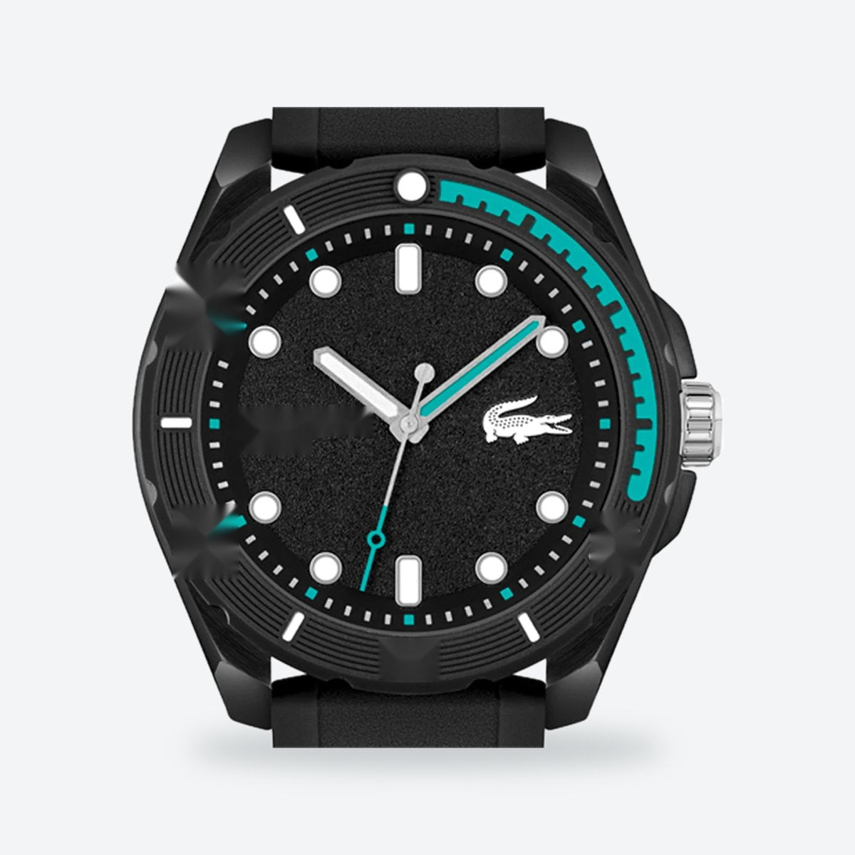 Men's 44mm Black Dial Watch, Rubber Strap, view 2