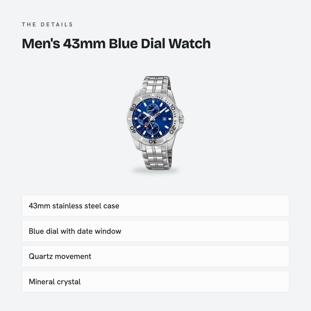 Men's 43mm Blue Dial Watch, Steel Bracelet, Silver-Tone, details