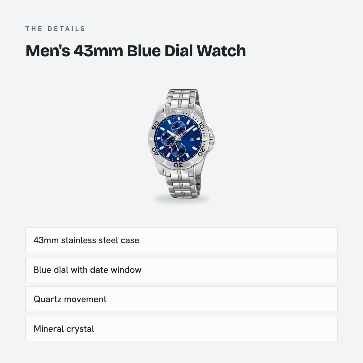 Men's 43mm Blue Dial Watch, Steel Bracelet, Silver-Tone, details