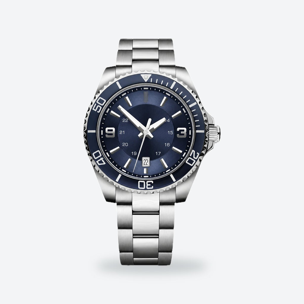 Men's 43mm Blue Dial Watch, Steel Bracelet, Style 2, Blue dial / Silver-tone