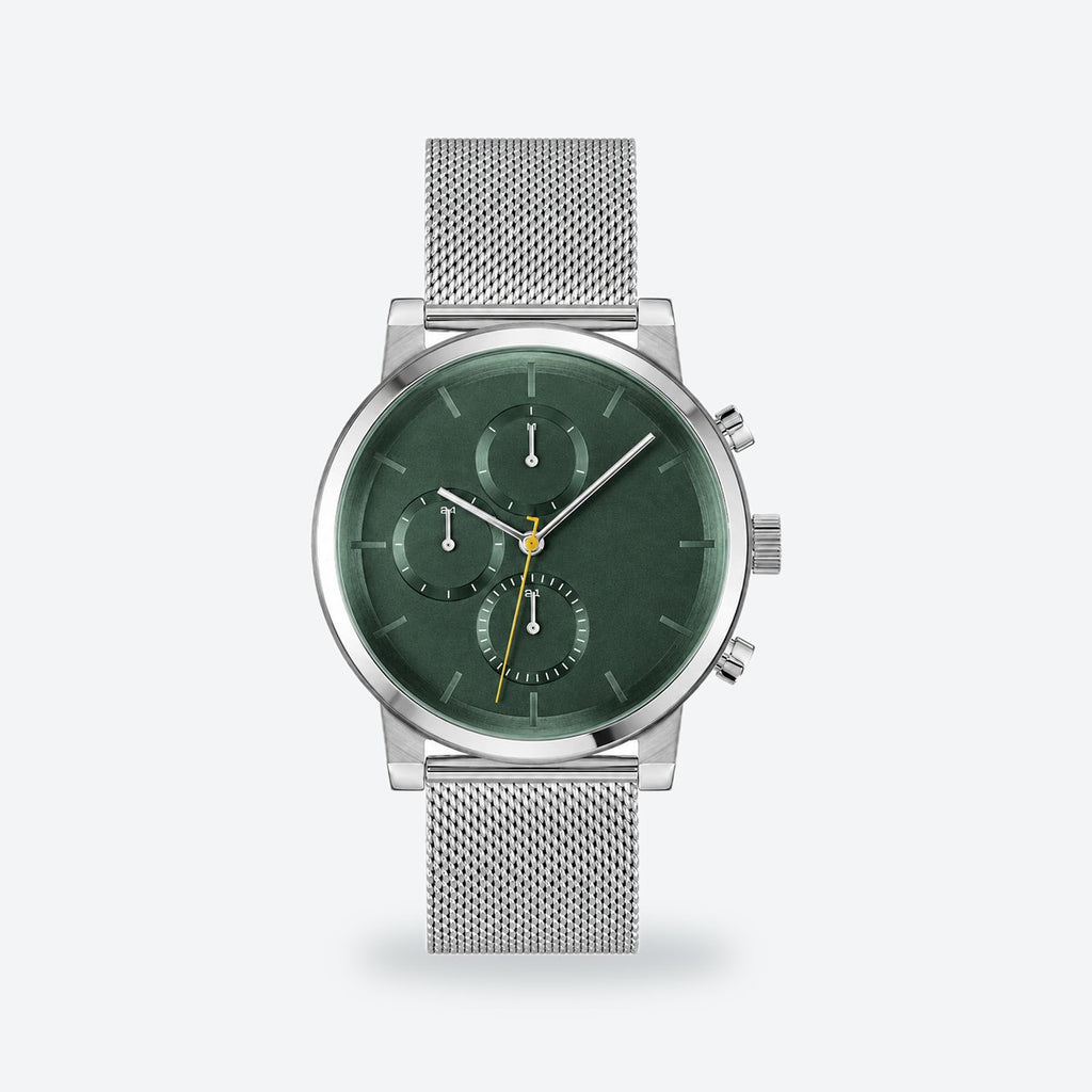Men's 44mm Black Dial Watch, Steel Bracelet, Green dial / Silver-tone