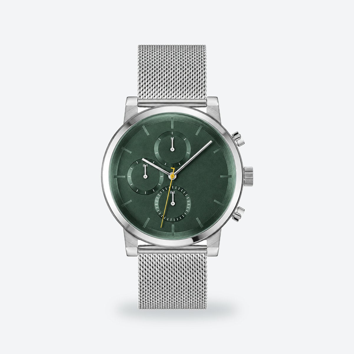 Men's 44mm Black Dial Watch, Steel Bracelet, Green dial / Silver-tone