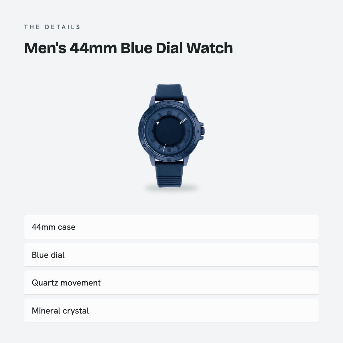 Men's 44mm Blue Dial Watch, Rubber Strap, details