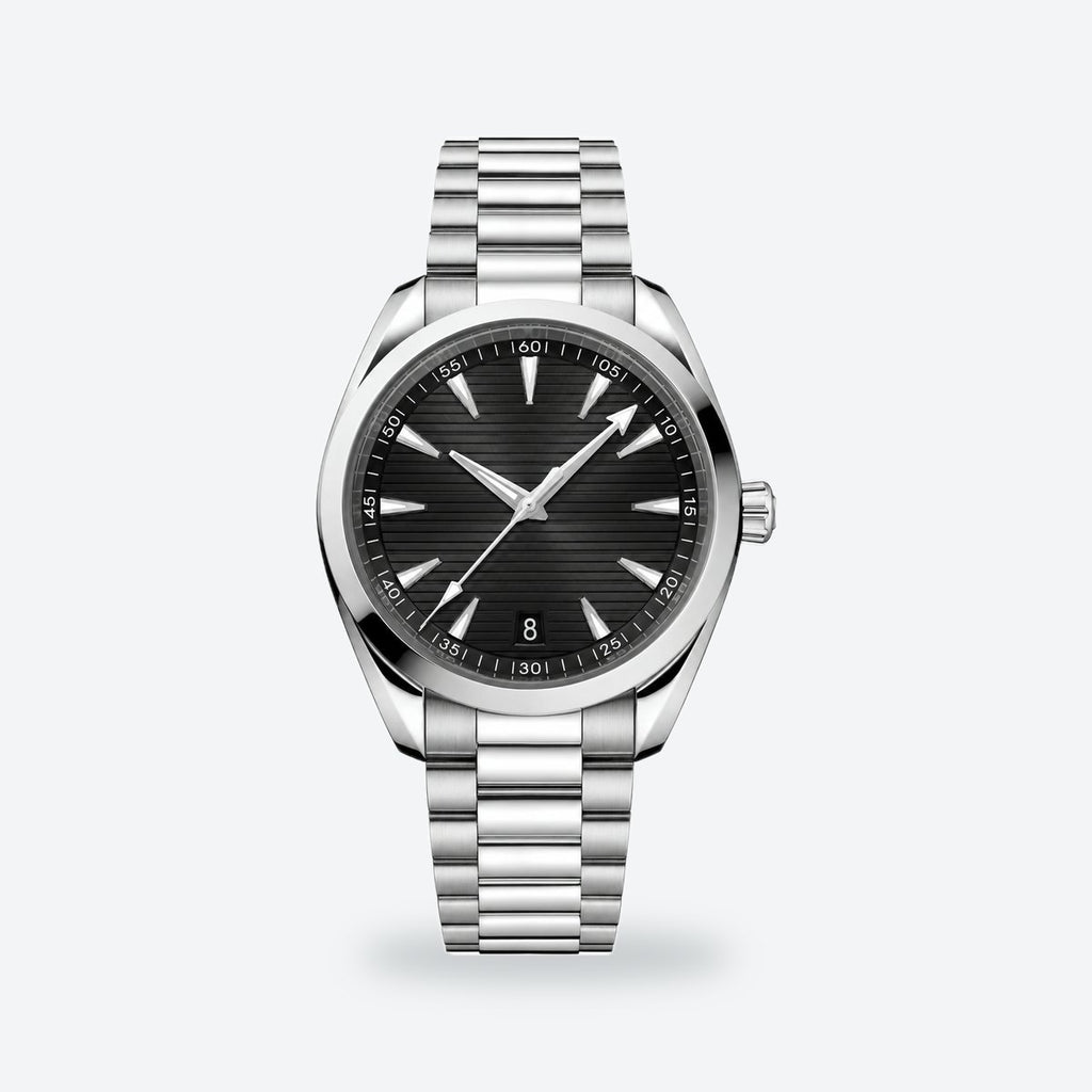 Men's 41mm Automatic Steel Watch, Teak-Pattern Dial, Blue Dial, Black dial