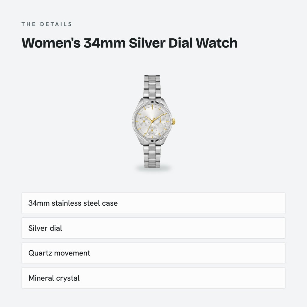 Women's 34mm Silver Dial Watch, Steel Bracelet, details