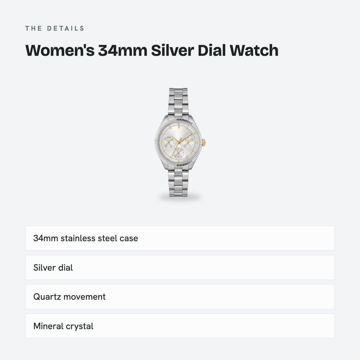Women's 34mm Silver Dial Watch, Steel Bracelet, details
