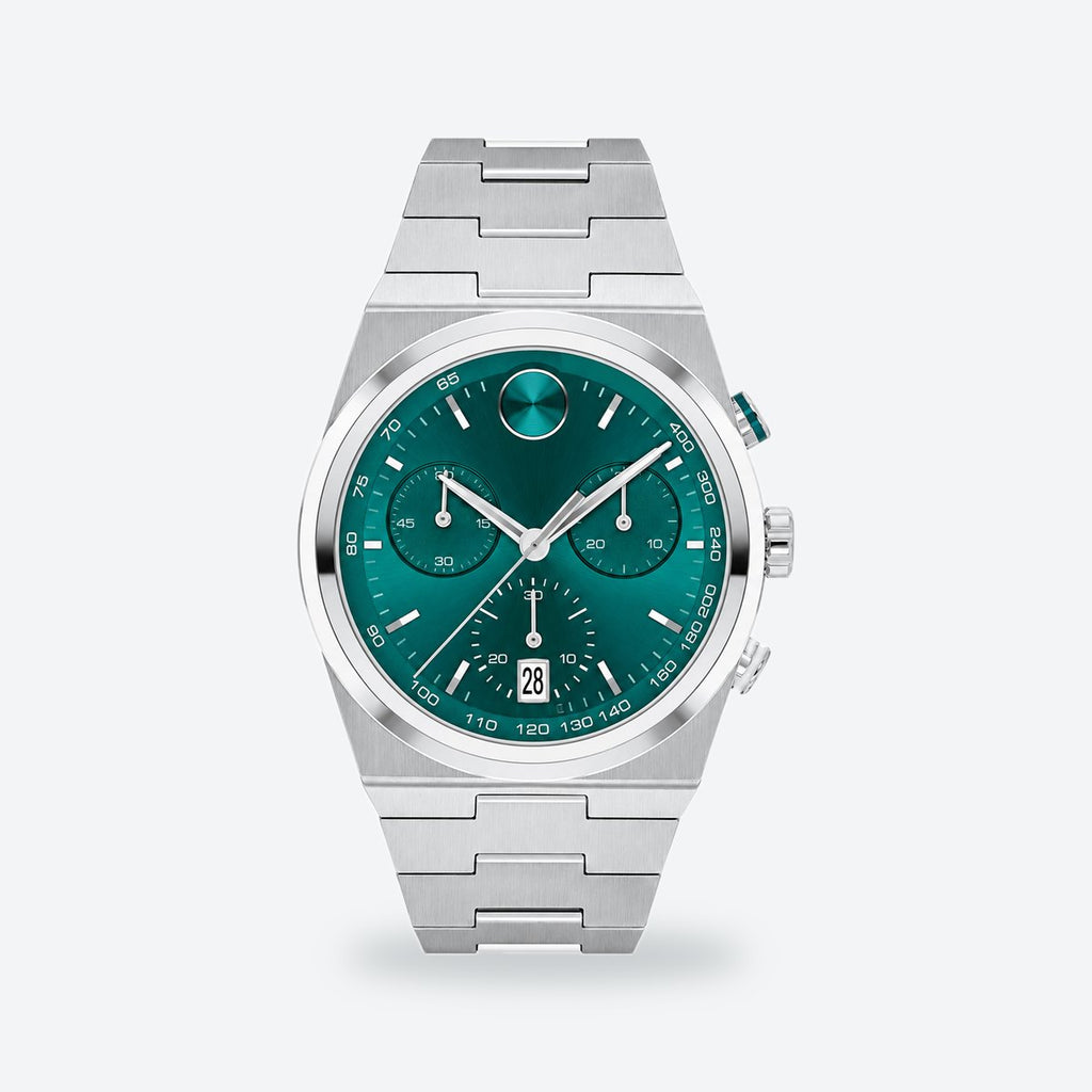 Men's 42mm Black Dial Chronograph Watch, Steel Bracelet, Green dial / Silver-tone