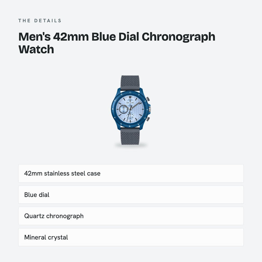 Men's 42mm Blue Dial Chronograph Watch, Rubber Strap, details