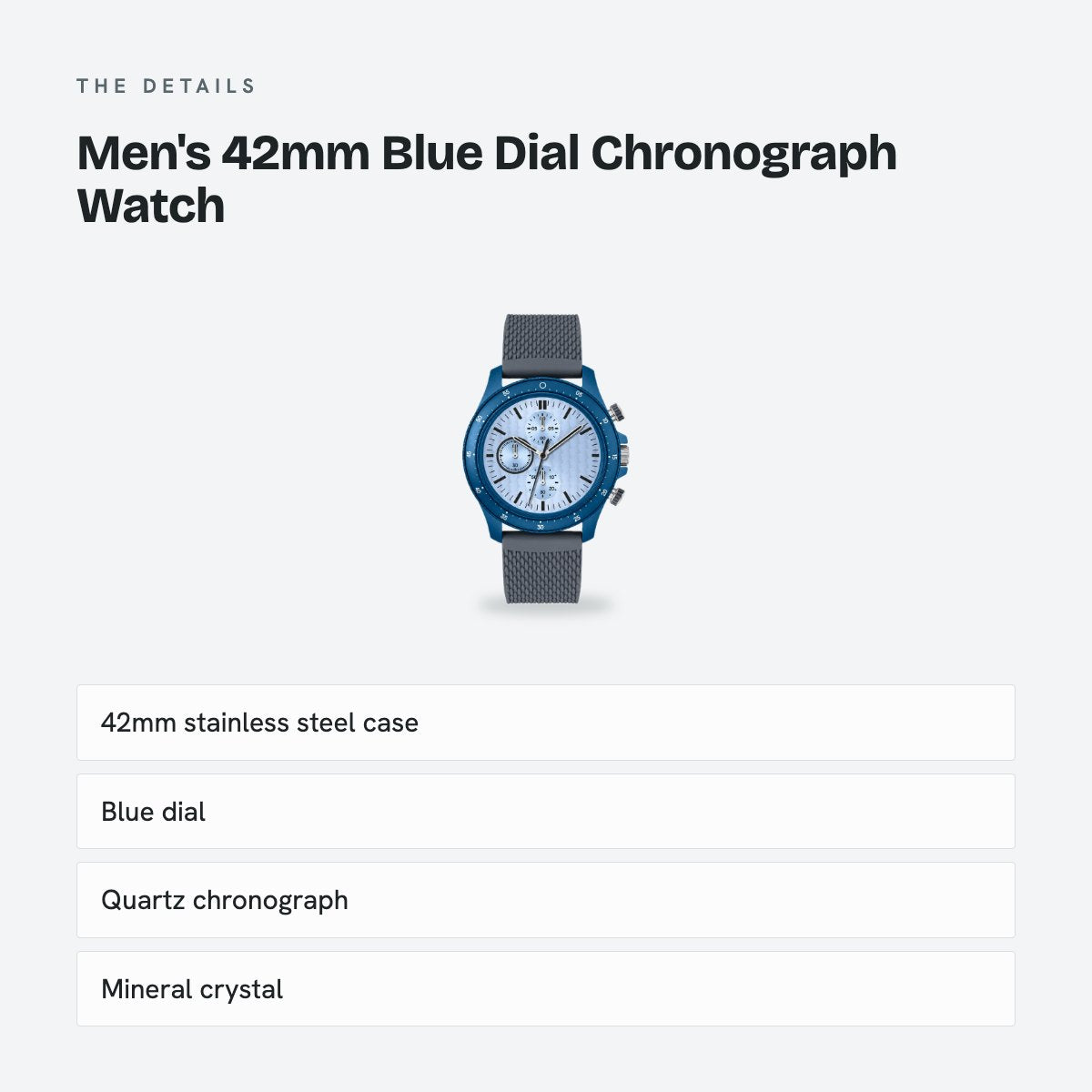 Men's 42mm Blue Dial Chronograph Watch, Rubber Strap, details