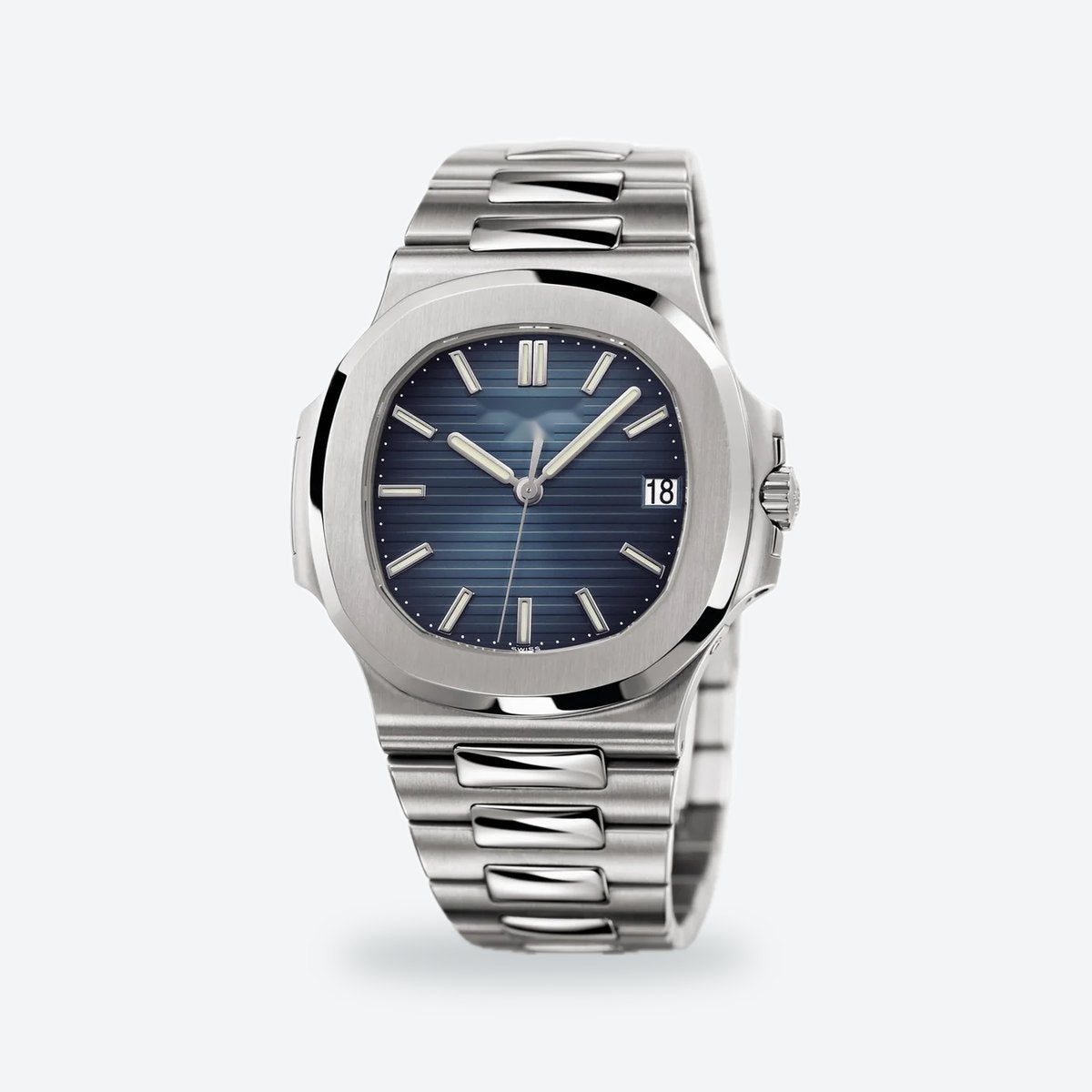 Men's 40mm Automatic Steel Watch, Integrated Bracelet, Black-blue Dial, view 2