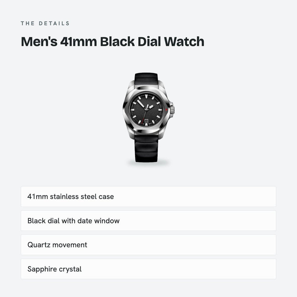 Men's 41mm Black Dial Watch, Rubber Strap, details