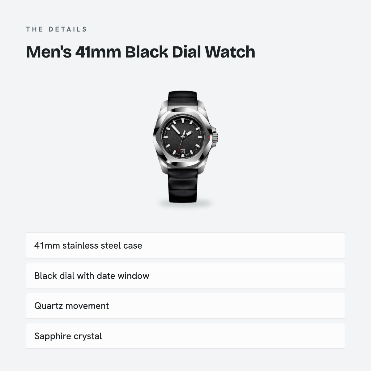 Men's 41mm Black Dial Watch, Rubber Strap, details