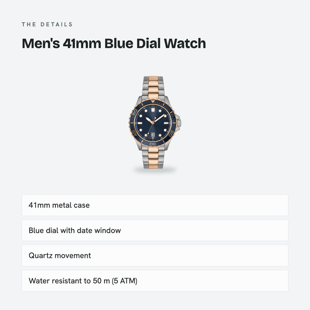 Men's 41mm Blue Dial Watch, Steel Bracelet, Silver-Tone, details