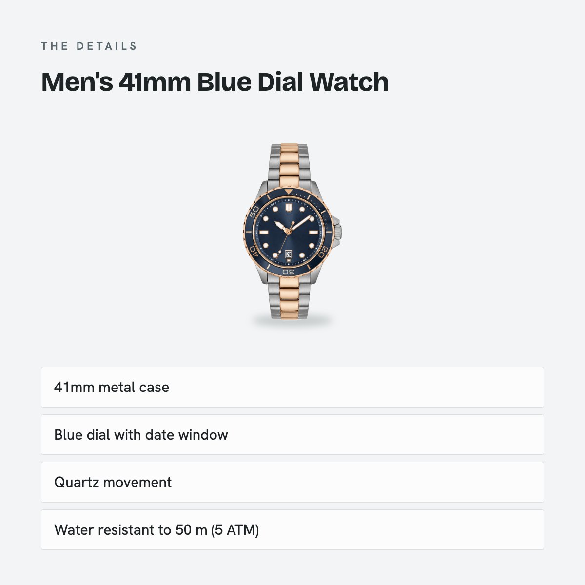 Men's 41mm Blue Dial Watch, Steel Bracelet, Silver-Tone, details