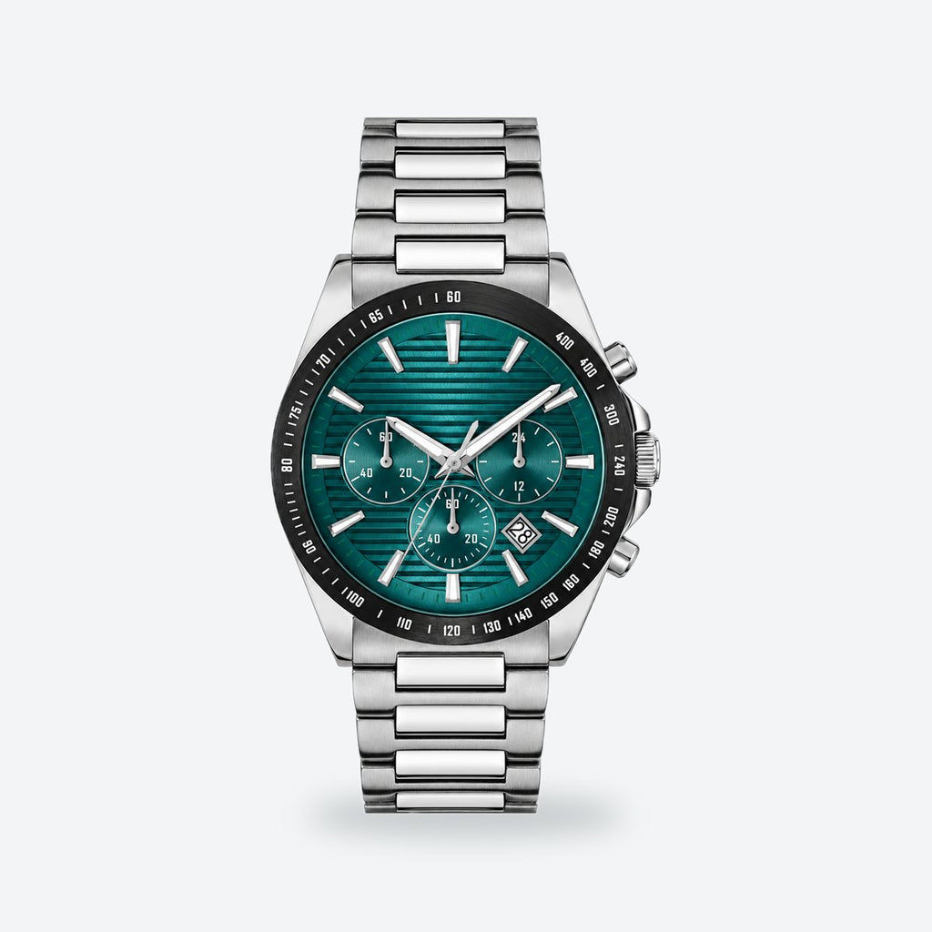 Men's 41mm Blue Dial Watch, Steel Bracelet, Style 2, Green dial / Silver-tone