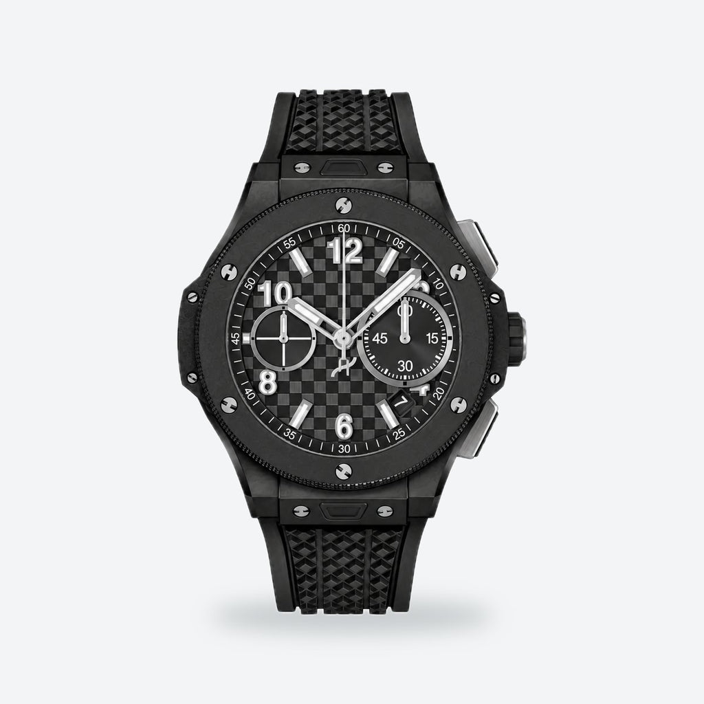 Men's 43mm Automatic Flyback Chronograph Watch, Rubber Strap, Black Dial, Black Magic, ceramic