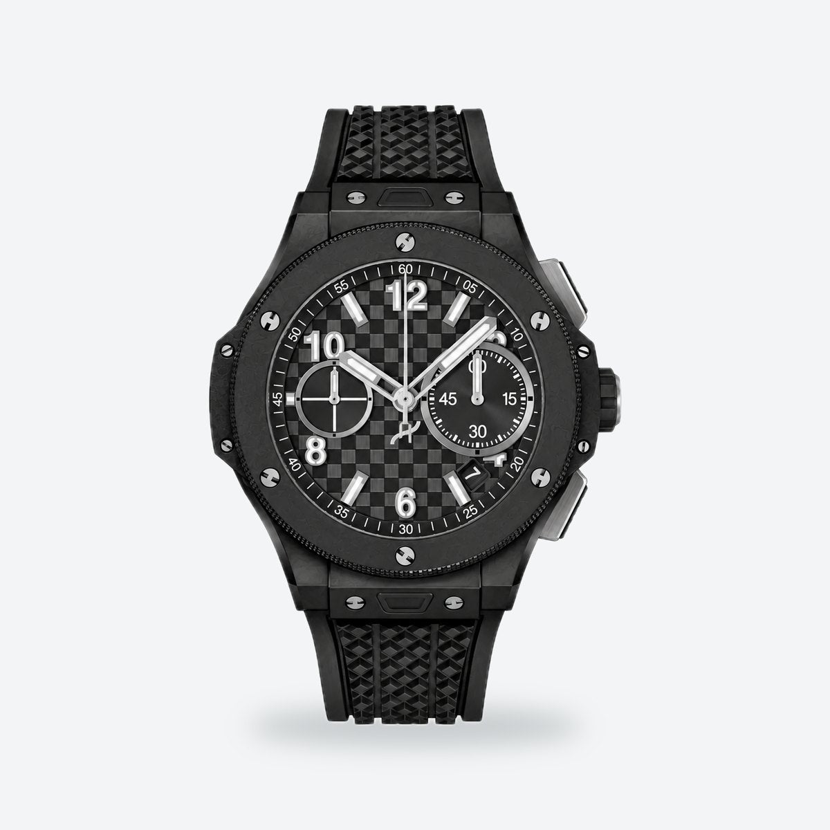 Men's 43mm Automatic Flyback Chronograph Watch, Rubber Strap, Black Dial, Black Magic, ceramic