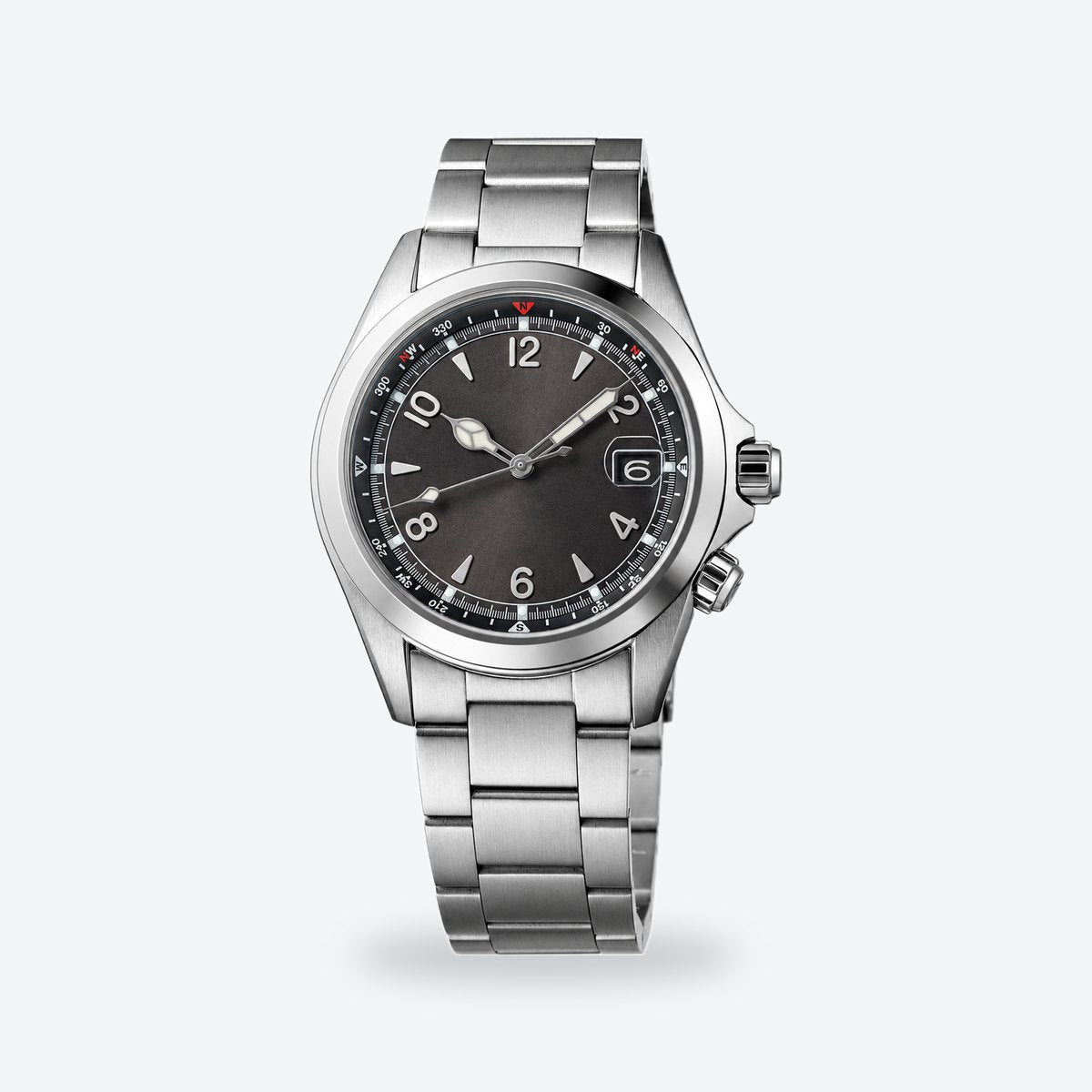 Men's 39.5mm Automatic Field Watch, Compass Ring, Green Dial, Black, steel bracelet