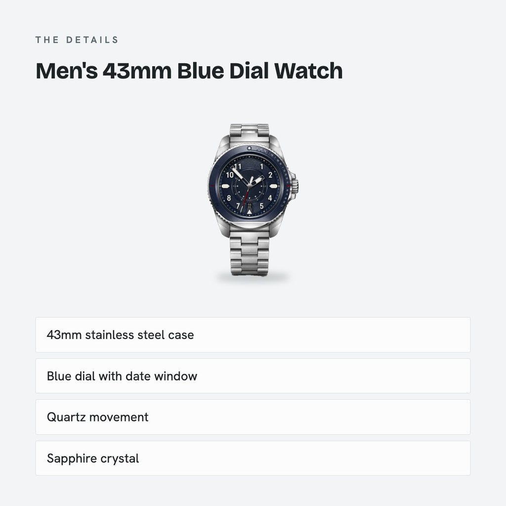 Men's 43mm Blue Dial Watch, Steel Bracelet, Style 4, details