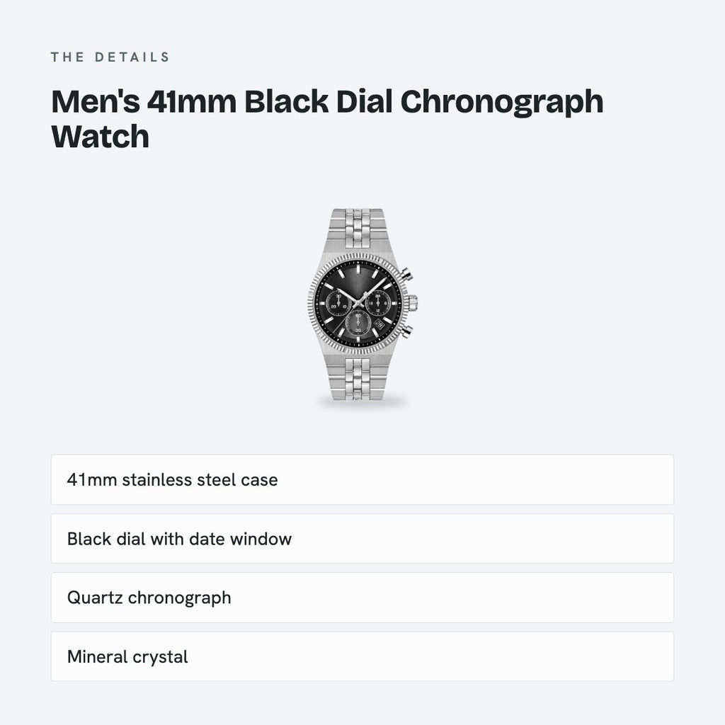 Men's 41mm Black Dial Chronograph Watch, Steel Bracelet, Style 3, details