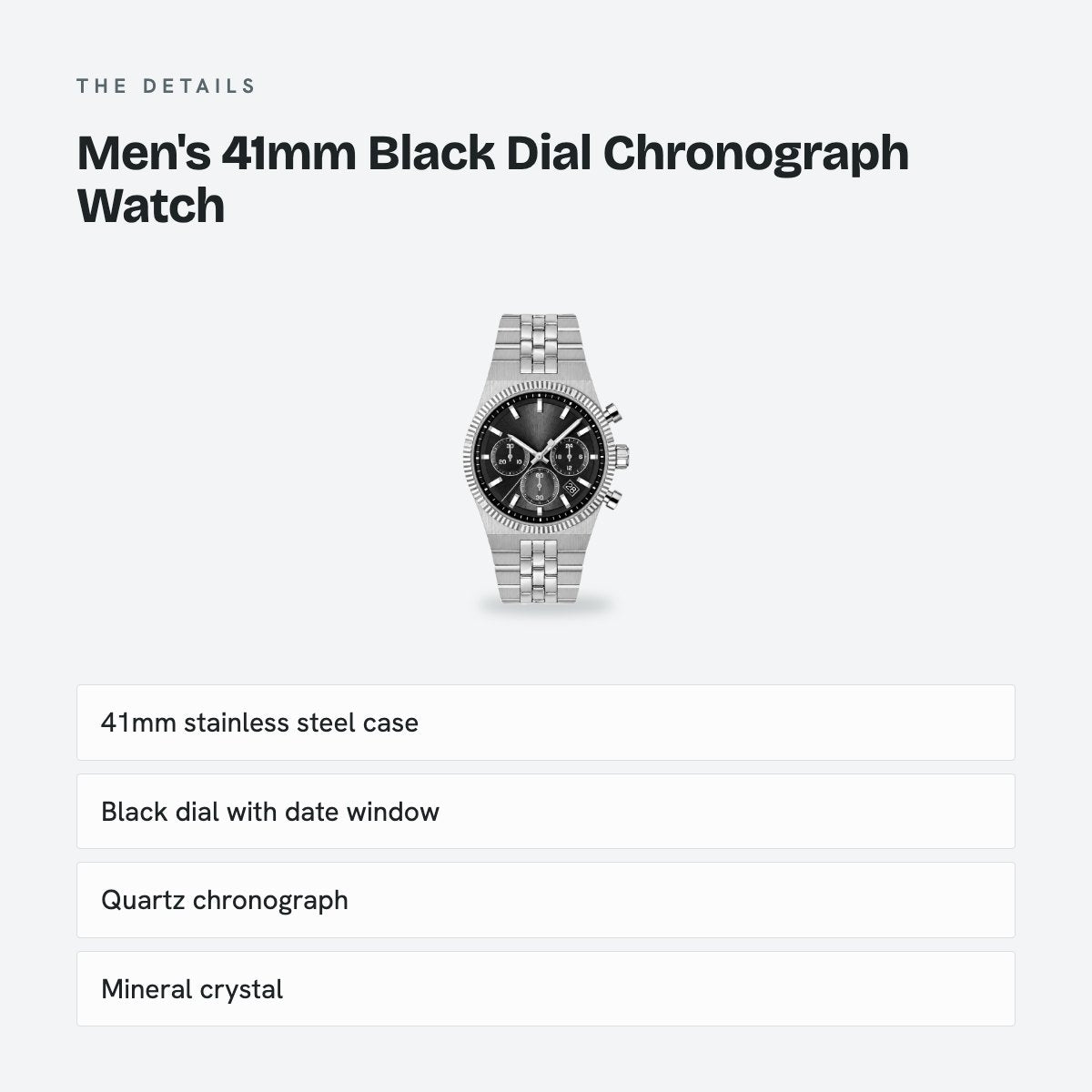 Men's 41mm Black Dial Chronograph Watch, Steel Bracelet, Style 3, details