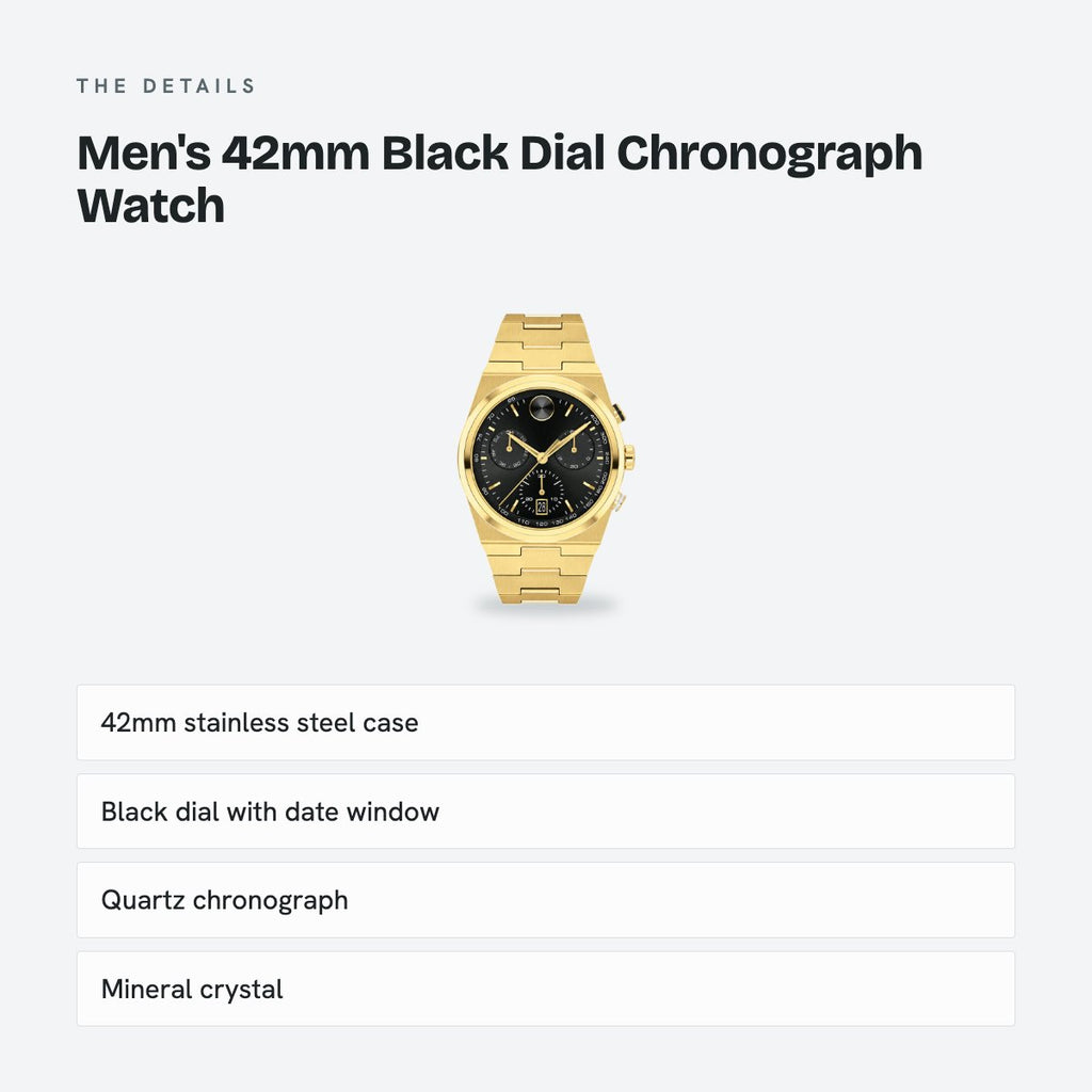 Men's 42mm Black Dial Chronograph Watch, Steel Bracelet, details