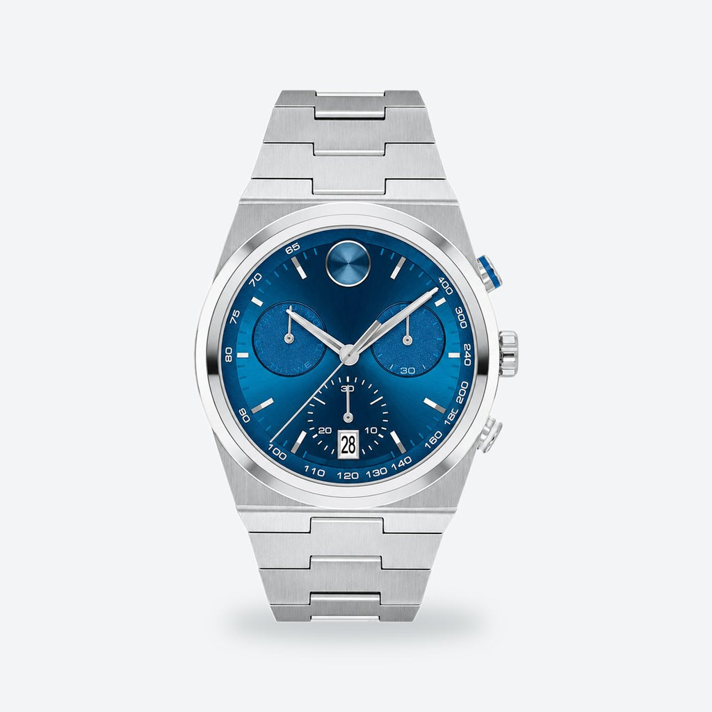Men's 42mm Black Dial Chronograph Watch, Steel Bracelet, Blue dial / Silver-tone