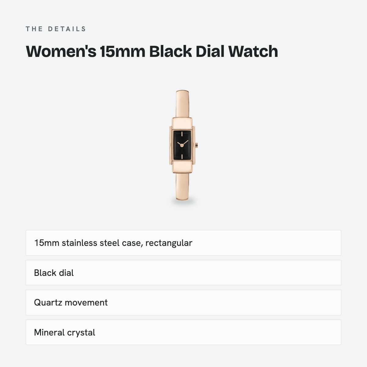 Women's 15mm Black Dial Watch, details