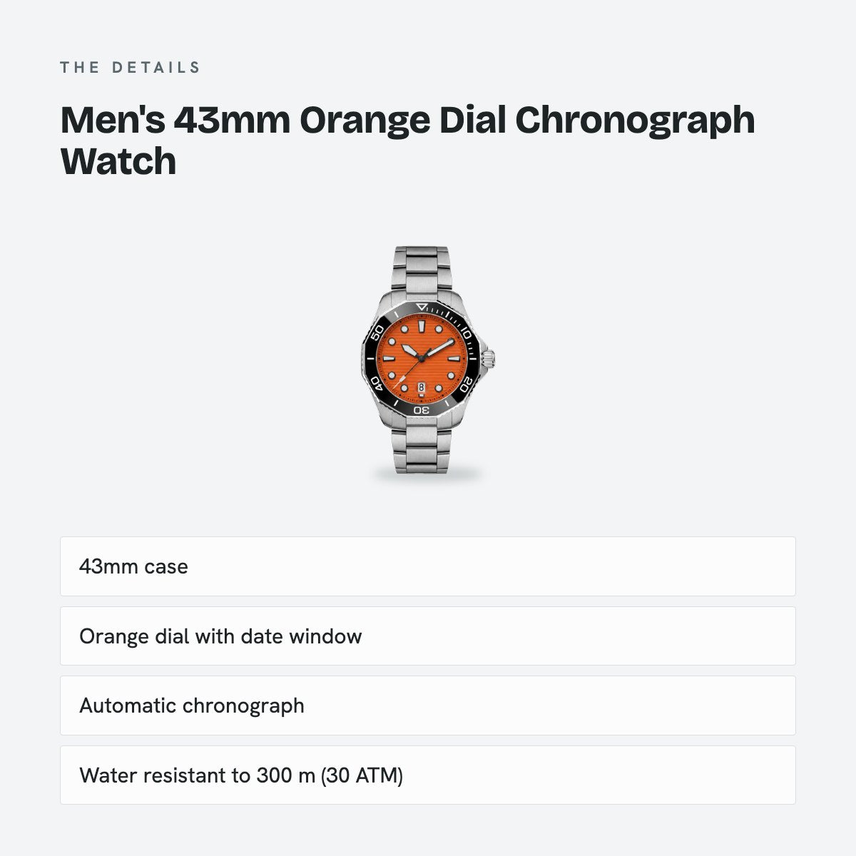 Men's 43mm Orange Dial Chronograph Watch, details