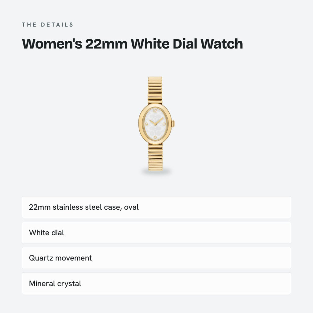Women's 22mm White Dial Watch, Steel Bracelet, Gold-Tone, details