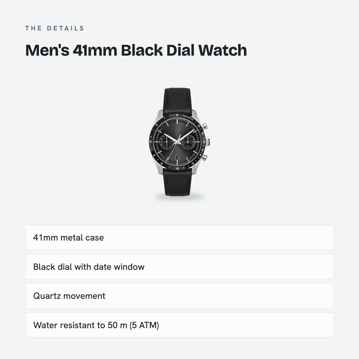 Men's 41mm Black Dial Watch, Leather Strap, details
