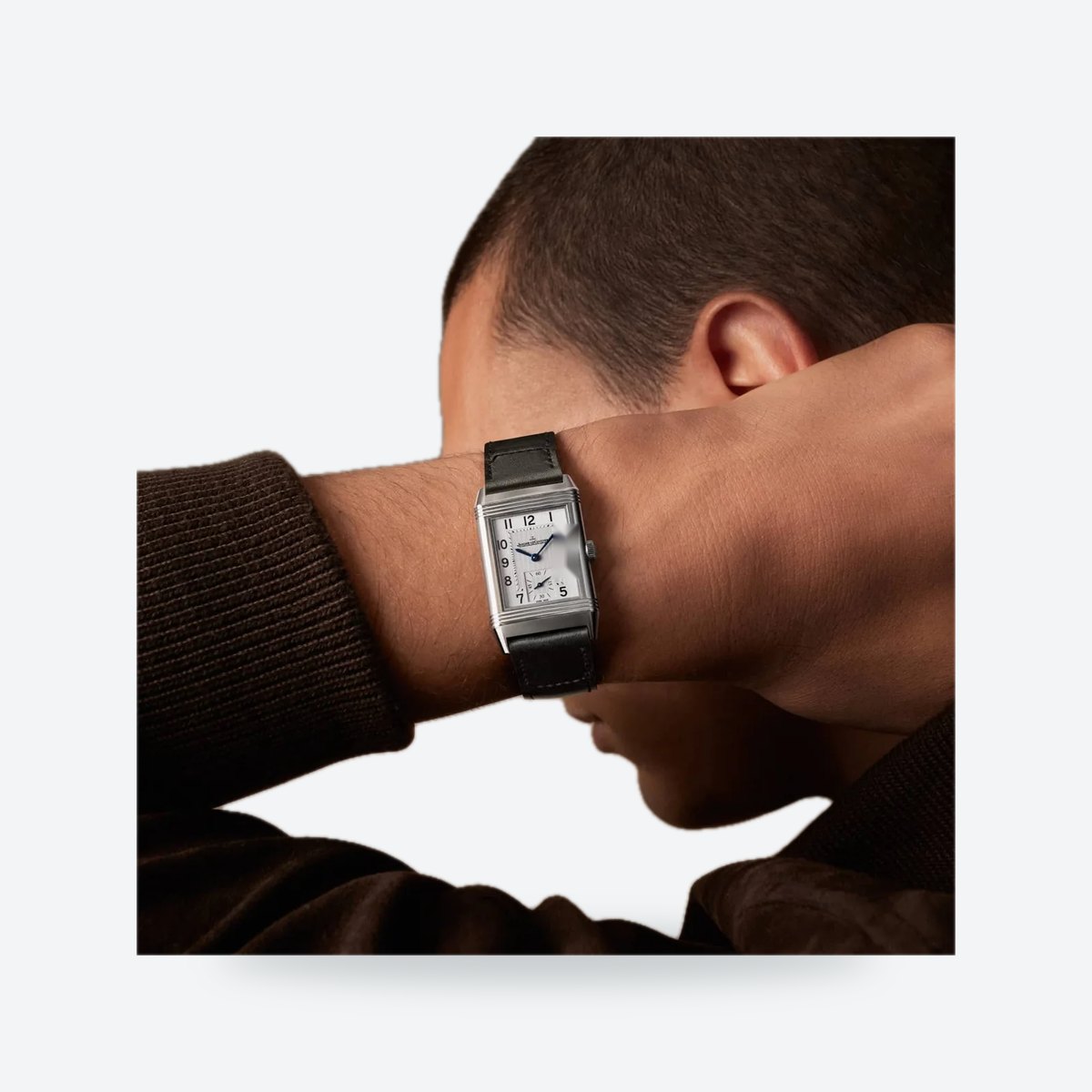 Rectangular Hand-Wound Steel Watch, Swivelling Case, Leather Strap, Silvered grey Dial, view 6