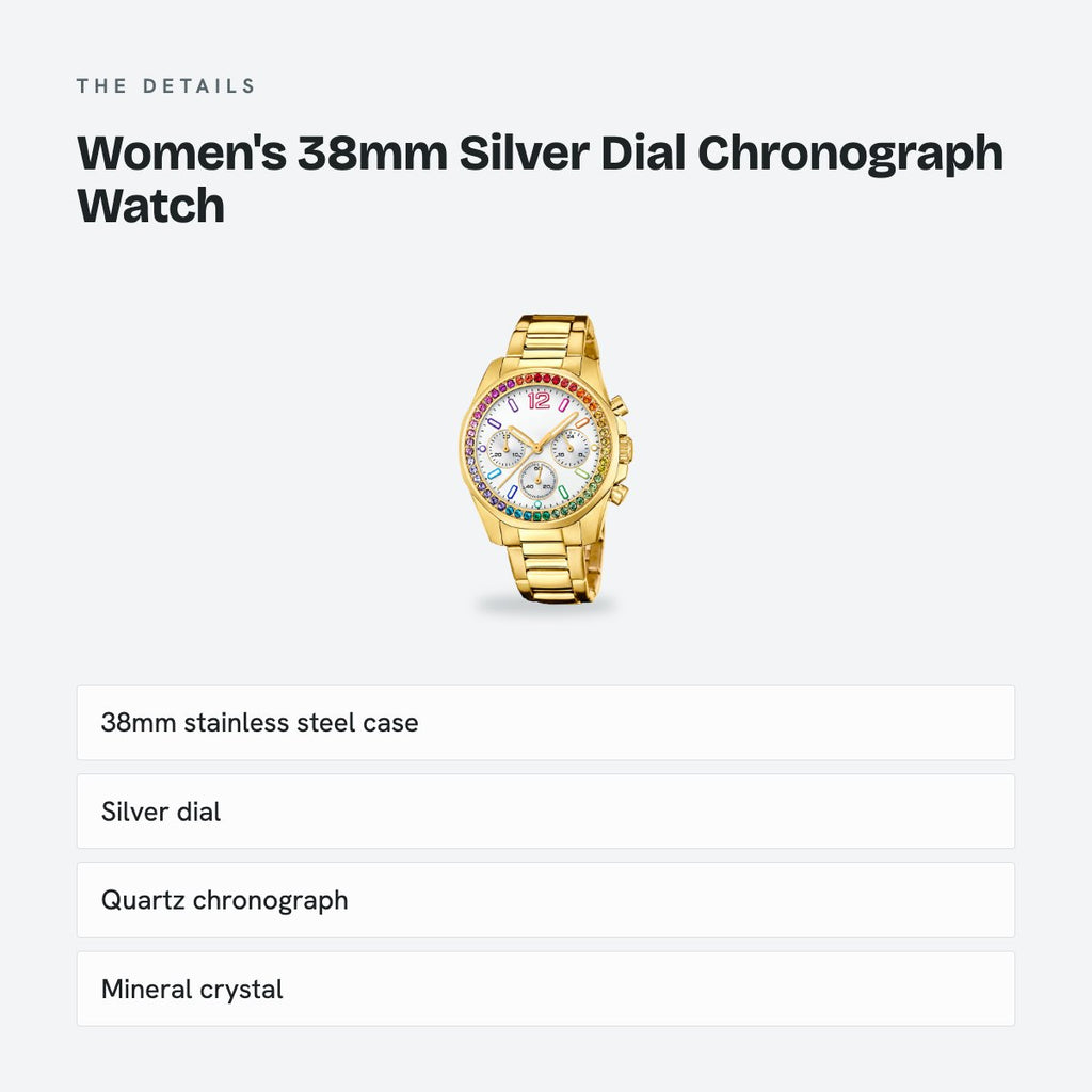 Women's 38mm Silver Dial Chronograph Watch, Steel Bracelet, Gold-Tone, Style 2, details