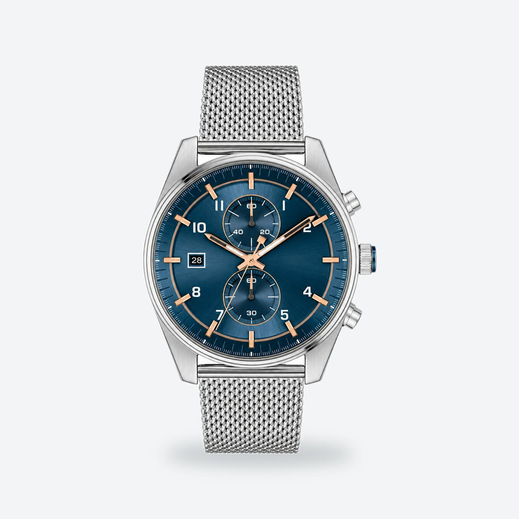 Men's 44mm Blue Dial Chronograph Watch, Steel Bracelet, Silver-Tone, Blue dial / Silver-tone