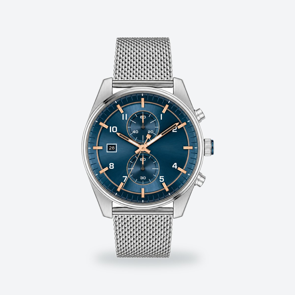 Men's 44mm Blue Dial Chronograph Watch, Steel Bracelet, Silver-Tone, Blue dial / Silver-tone