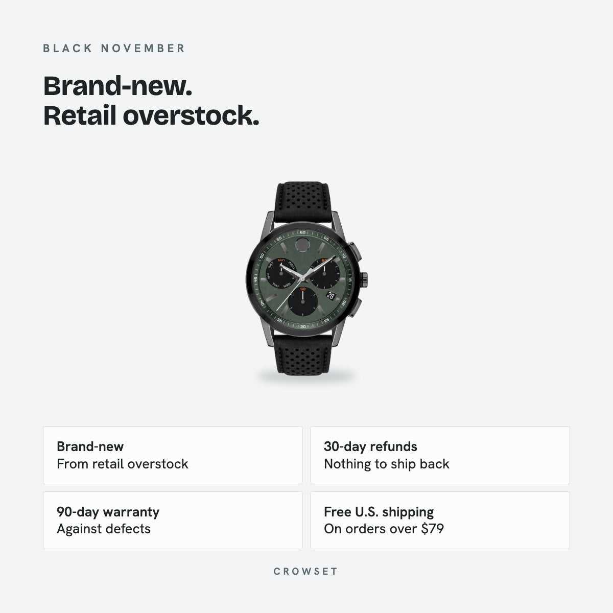 Men's 43mm Green Dial Watch, Leather Strap, details