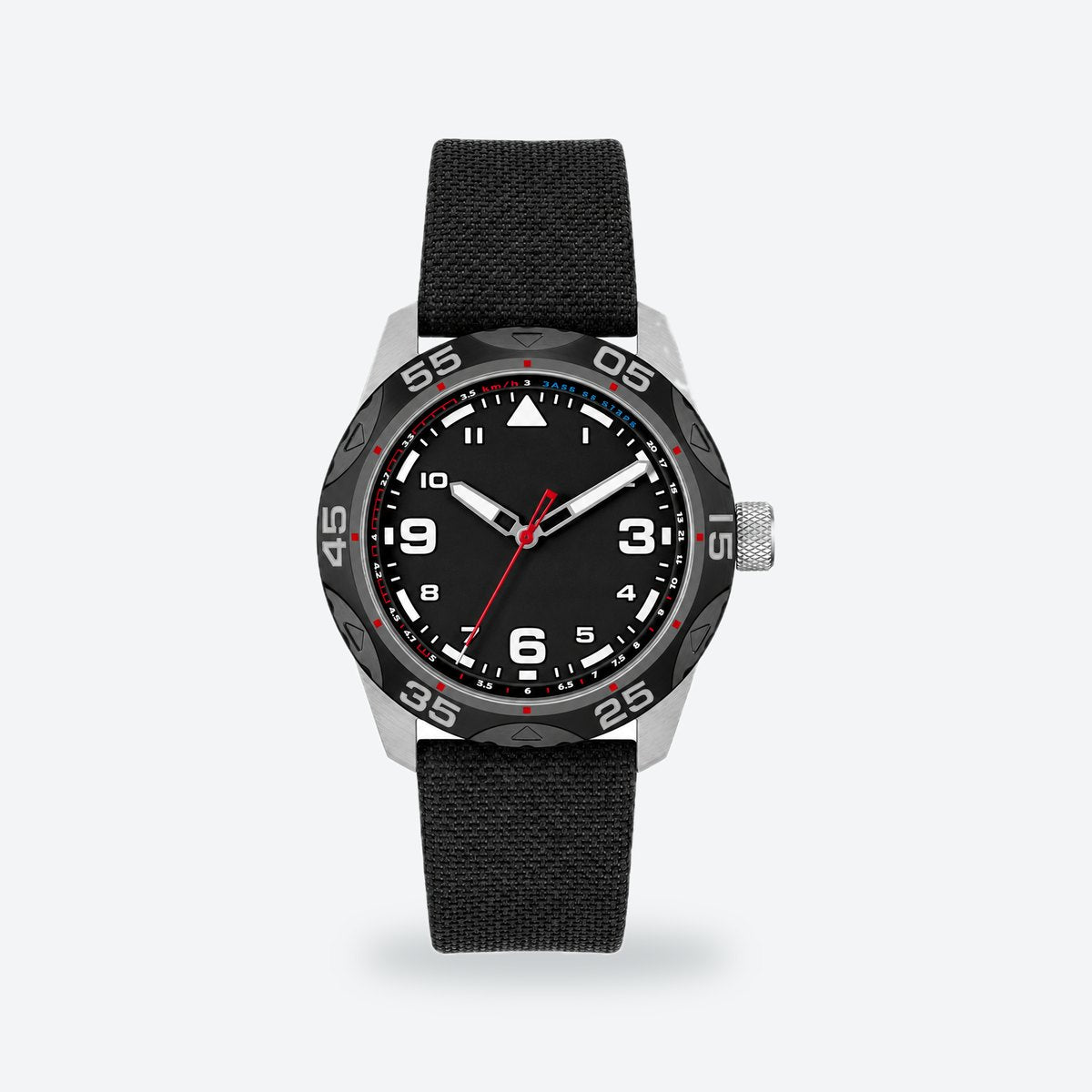 Men's 42mm Black Dial Watch, Nylon Strap, Black dial / Black