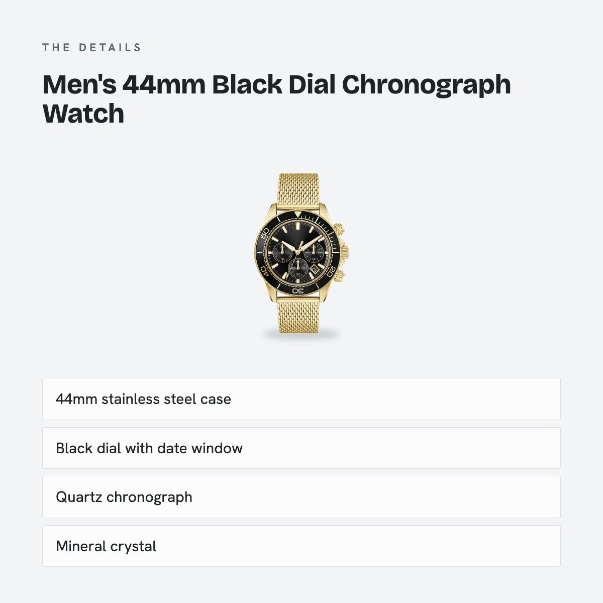 Men's 44mm Black Dial Chronograph Watch, details