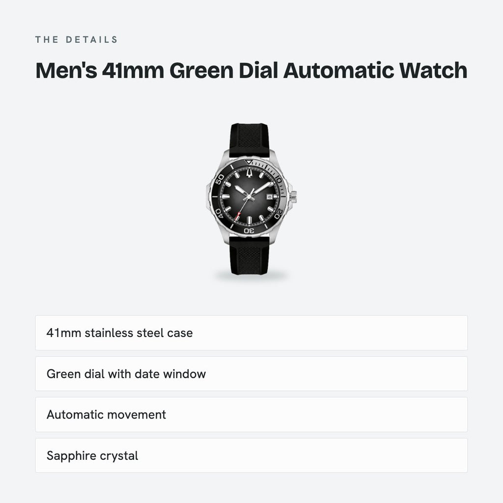 Men's 41mm Green Dial Automatic Watch, Silicone Strap, details
