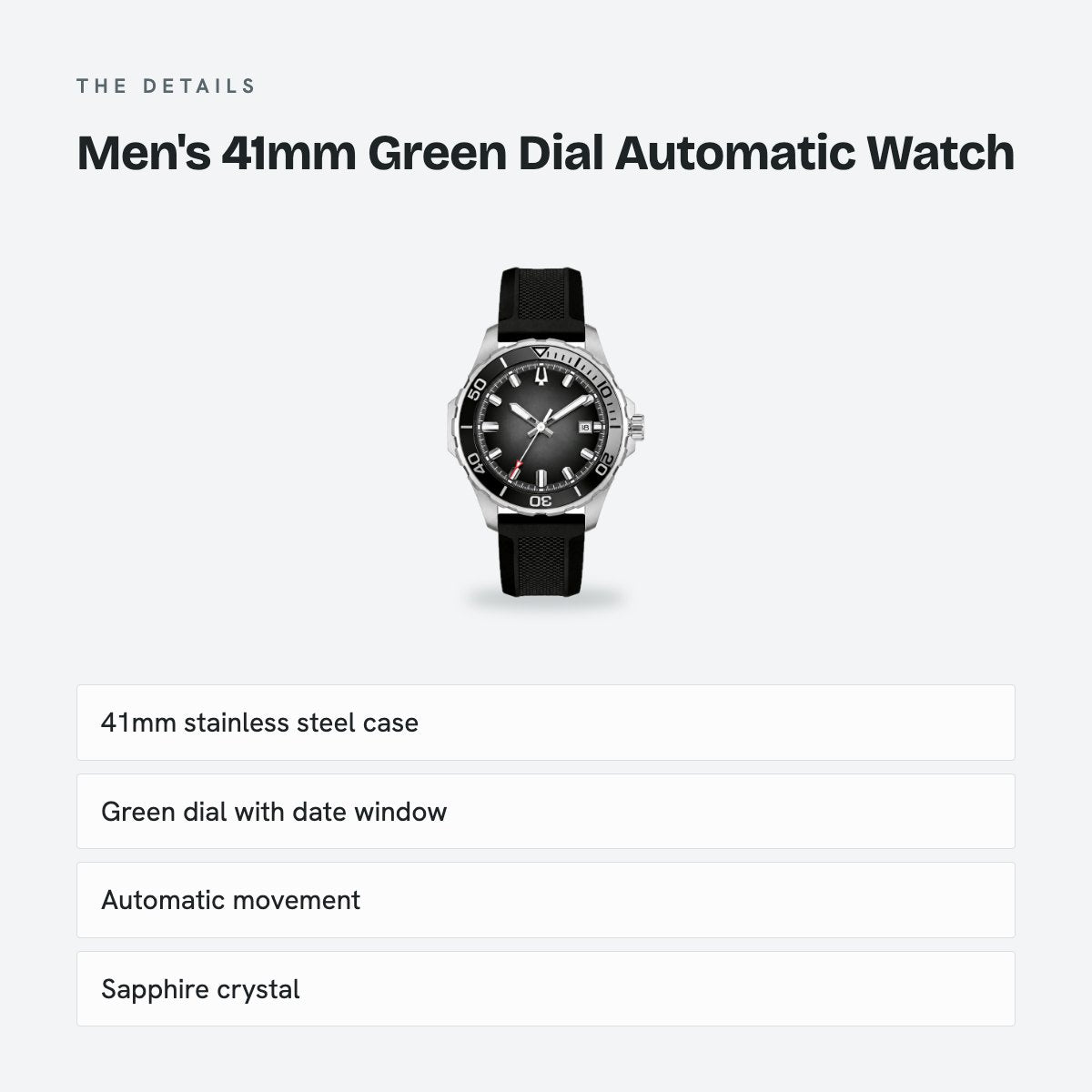 Men's 41mm Green Dial Automatic Watch, Silicone Strap, details