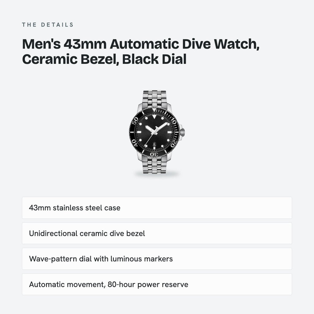 Men's 43mm Automatic Dive Watch, Ceramic Bezel, Black Dial, details