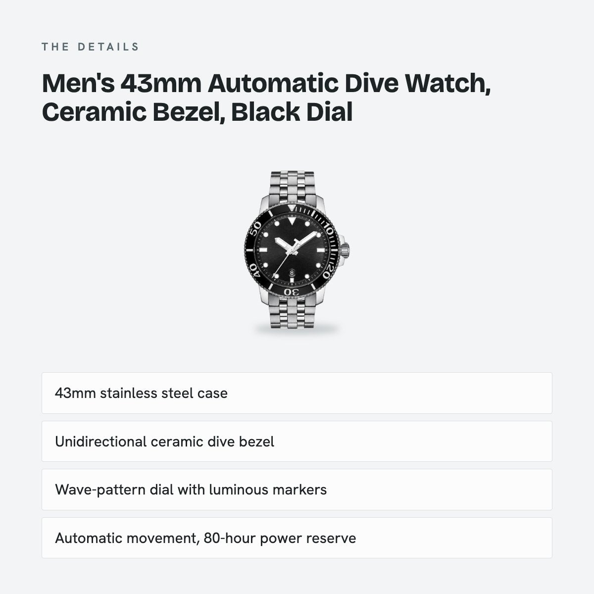 Men's 43mm Automatic Dive Watch, Ceramic Bezel, Black Dial, details
