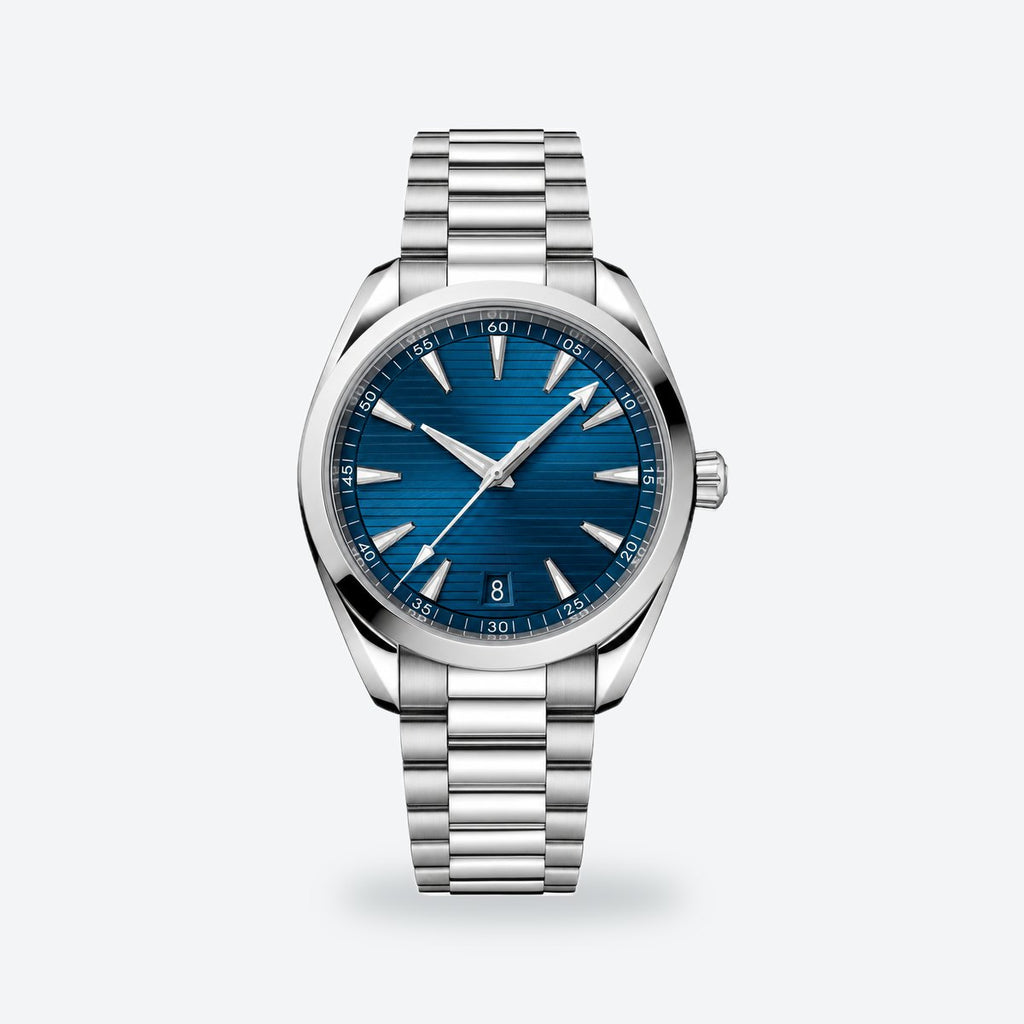 Men's 41mm Automatic Steel Watch, Teak-Pattern Dial, Blue Dial, Blue dial