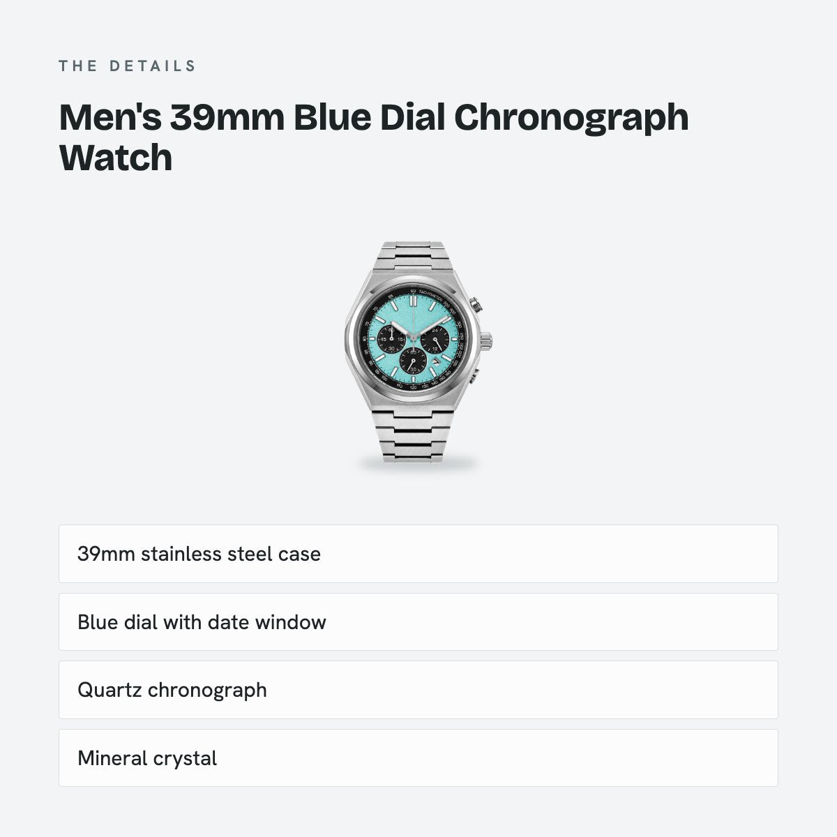 Men's 39mm Blue Dial Chronograph Watch, details