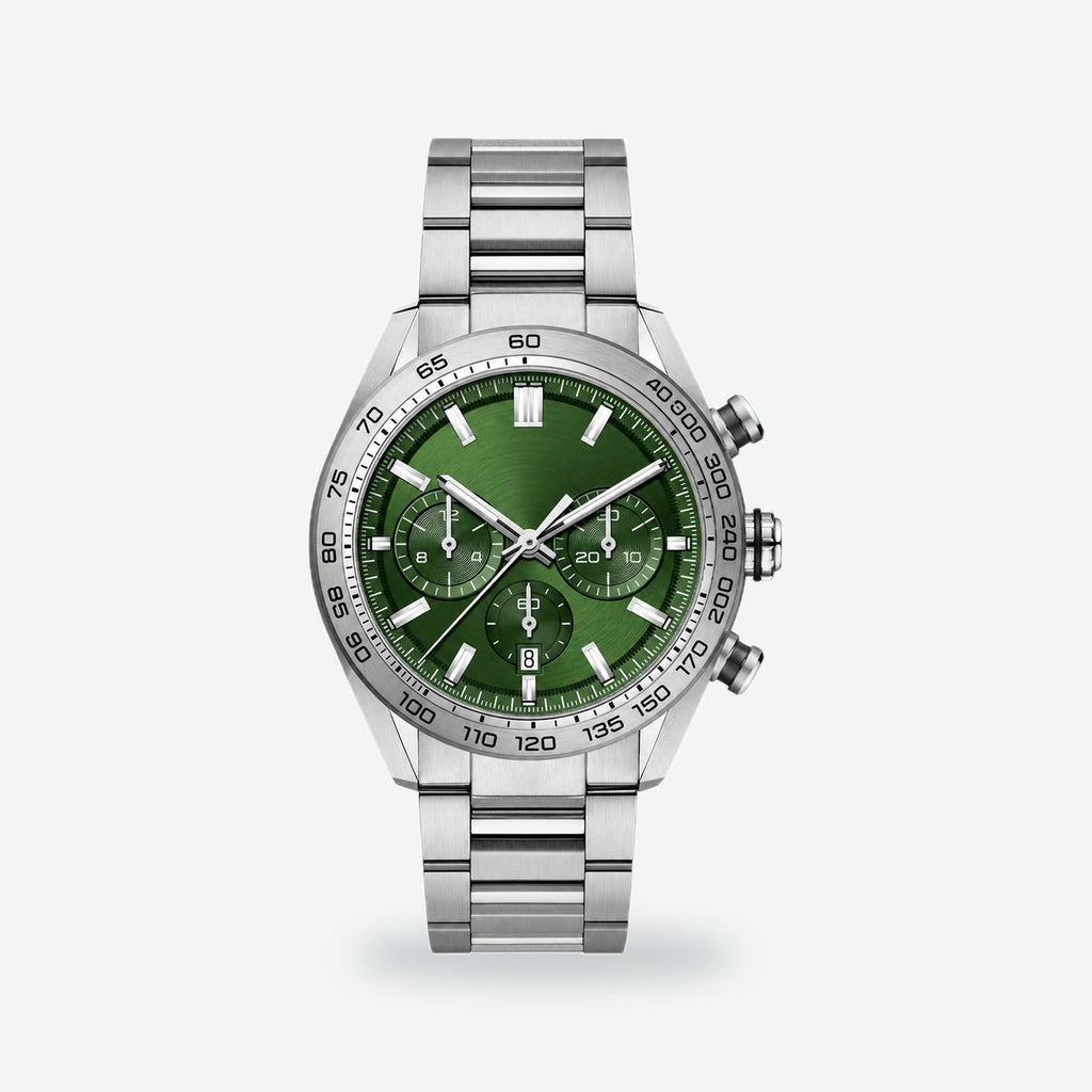 Men's 44mm Blue Dial Chronograph Watch, Steel Bracelet, Style 3, Green dial / Silver-tone