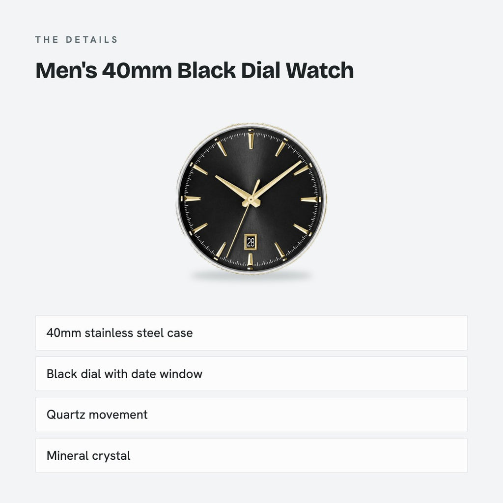 Men's 40mm Black Dial Watch, Steel Bracelet, details