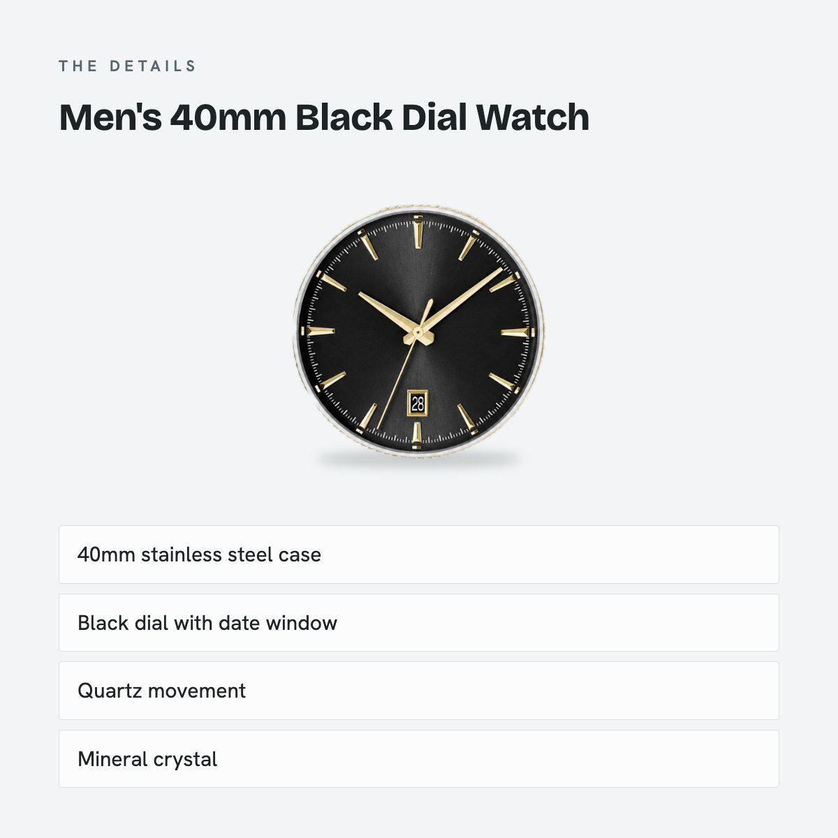 Men's 40mm Black Dial Watch, Steel Bracelet, details