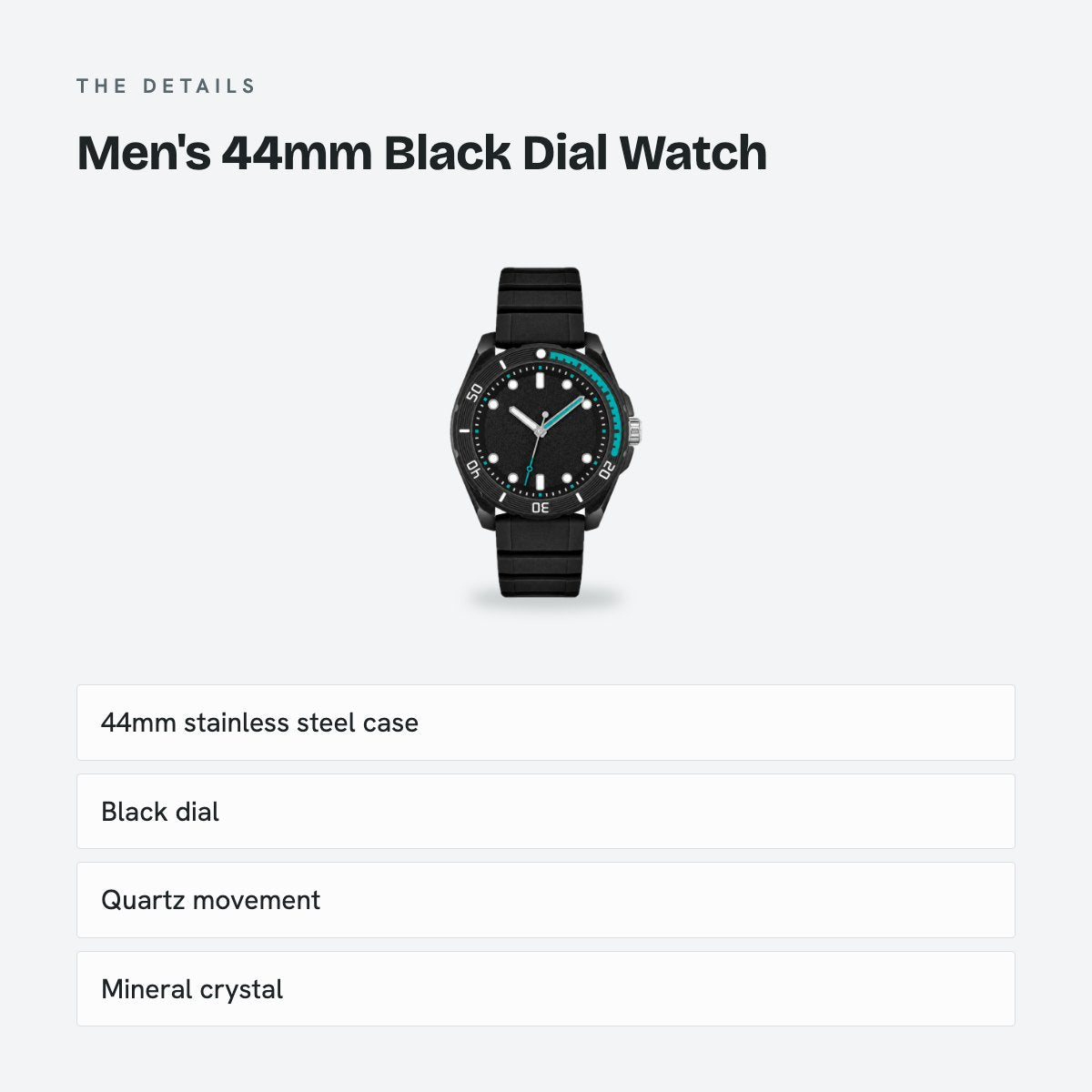 Men's 44mm Black Dial Watch, Rubber Strap, details