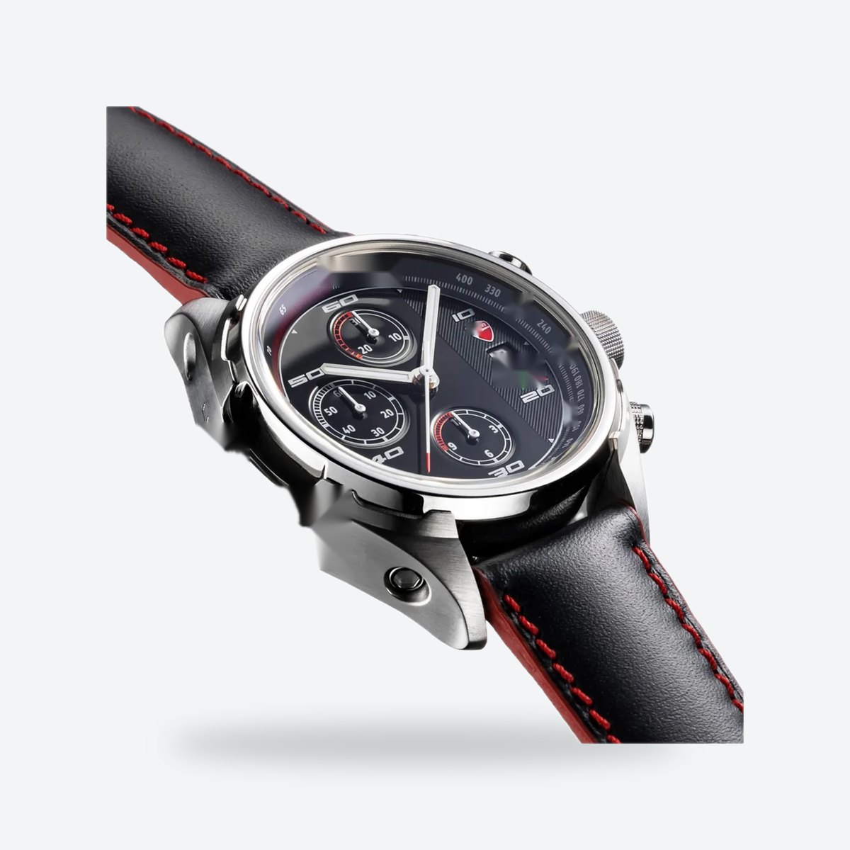 Men's 42mm Black Dial Chronograph Watch, Leather Strap, view 3