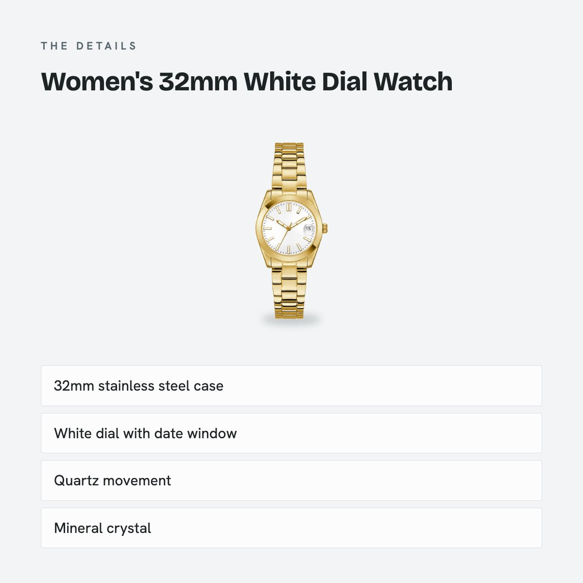 Women's 32mm White Dial Watch, Steel Bracelet, Style 2, details